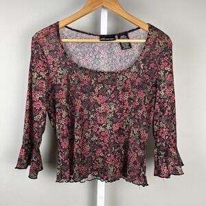 No Boundaries‎ NoBo VTG Y2K Black Red Floral Print Mesh Cropped Top Size Large